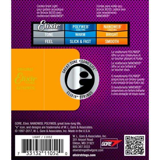 Cordes guitare acoustique Light 12/53 Bronze 80/20 Nanoweb Elixir