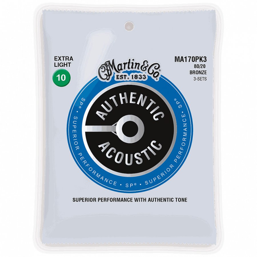 Cordes guitare acoustique Authentic, Pack de 3 Extra light 10/47 Bronze 80/20 Martin&Co Cordes guitare acoustique Authentic, Pack de 3 Extra light 10/47 Bronze 80/20 Martin&Co