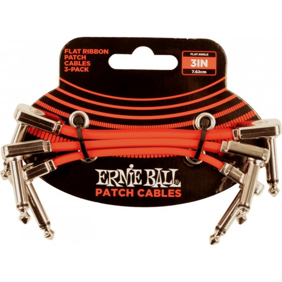 Cables patch - pack de 3 - coudé fin et plat 7,5 cm rouge 6401 Ernie Ball