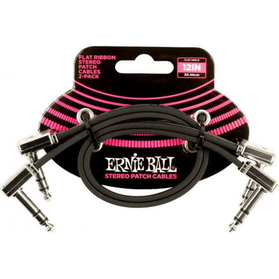 Cables patch pack de 2 coudé fin plat 30 cm noir stéréo 6405 Ernie Ball
