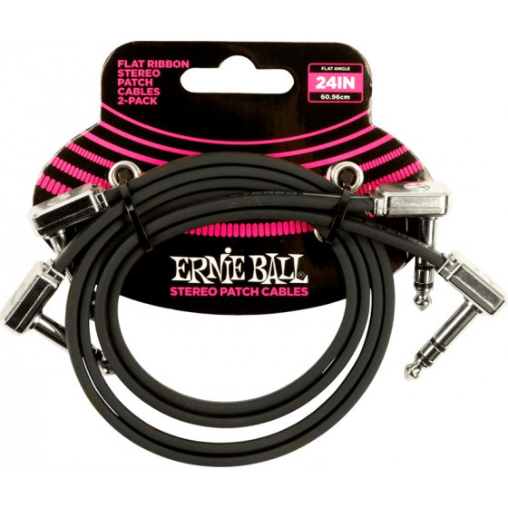Cables patch pack de 2 coudé fin plat 60 cm noir stéréo 6406 Ernie Ball
