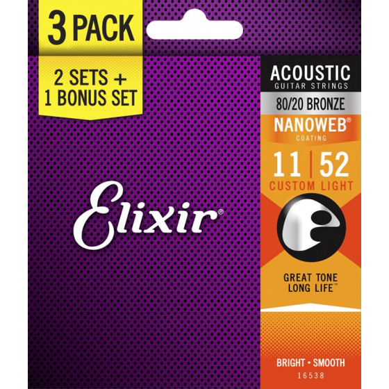 Cordes guitare acoustique Custom Light 11/52 Bronze 80/20 Nanoweb Elixir Pack de 3 "11027"