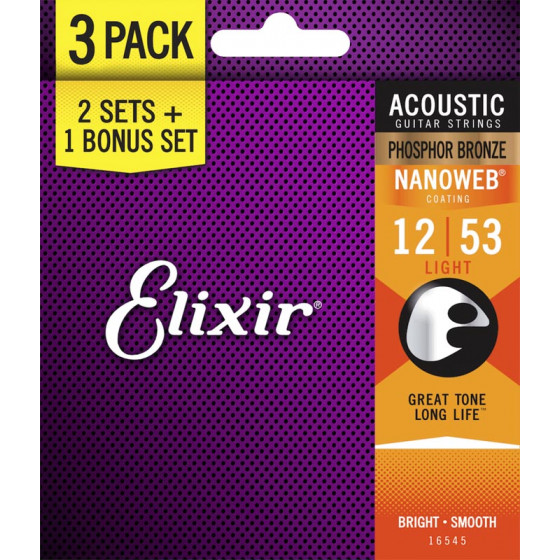 Cordes guitare acoustique Light 12/53 Phosphore Bronze Elixir Pack de 3 "16052"