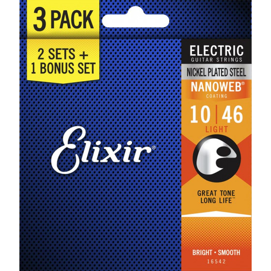 Cordes guitare électrique Light 10/46 Acier nickelé Nanoweb Elixir Pack de 3 "12052"