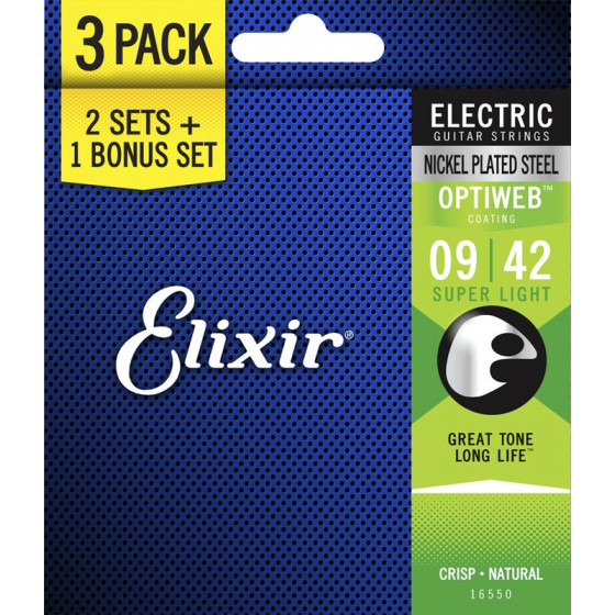 Cordes guitare électrique Super light 09/42 Acier nickelé Optiweb Elixir Pack de 3 "19002"