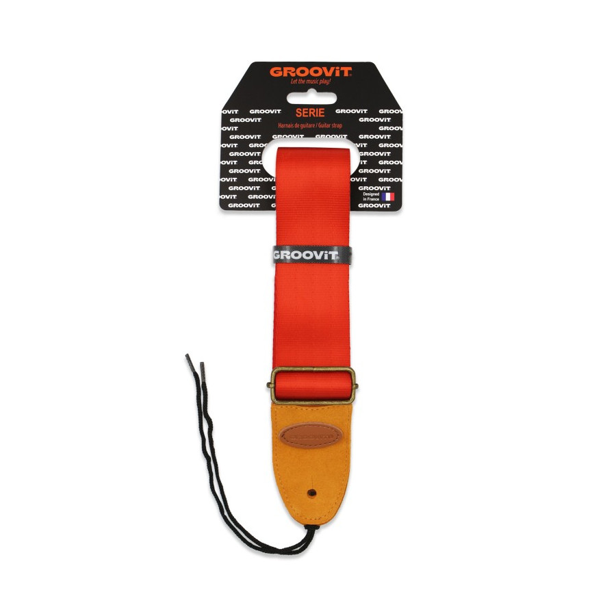 Sangle rouge unie embout cuir marron GROOVIT Sangle rouge unie embout cuir marron GROOVIT