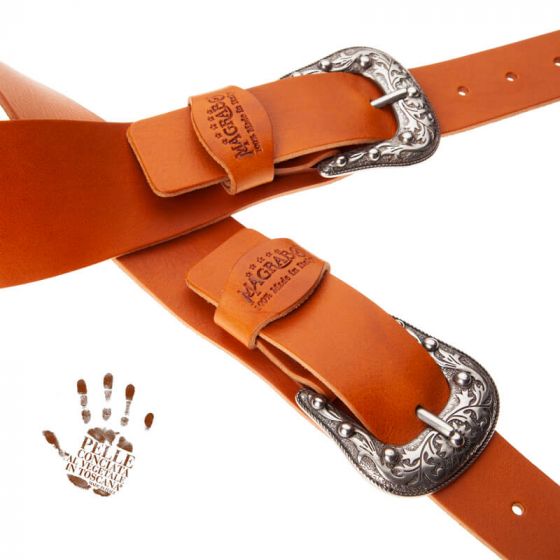 Sangle Twin Buckle TC cuir marron clair 7cm Magrabo