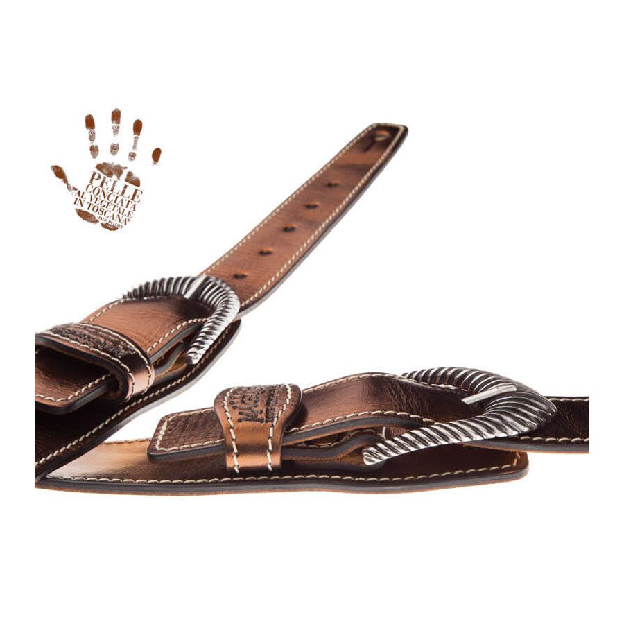 Sangle Twin Buckle TS cuir bronze Métallique boucles argent 7cm Magrabo