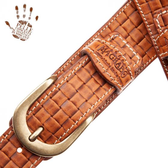 Sangle Twin Buckle TS cuir marron clair effet tissé  7cm Magrabo