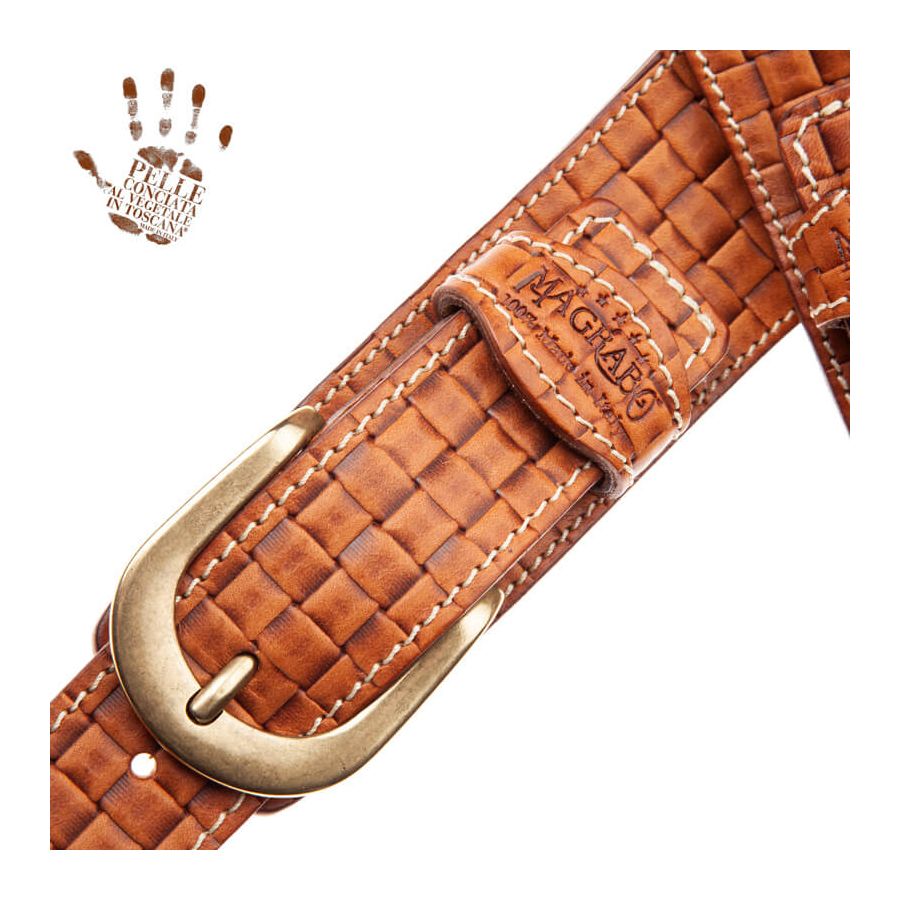 Sangle Twin Buckle TS cuir marron clair effet tissé  7cm Magrabo