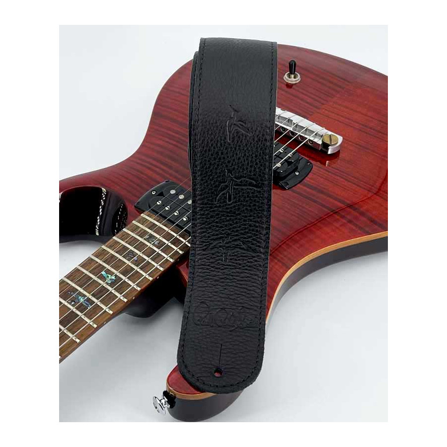 Sangle de guitare cuir noir tamponné motif oiseaux PRS Sangle de guitare cuir noir tamponné motif oiseaux PRS