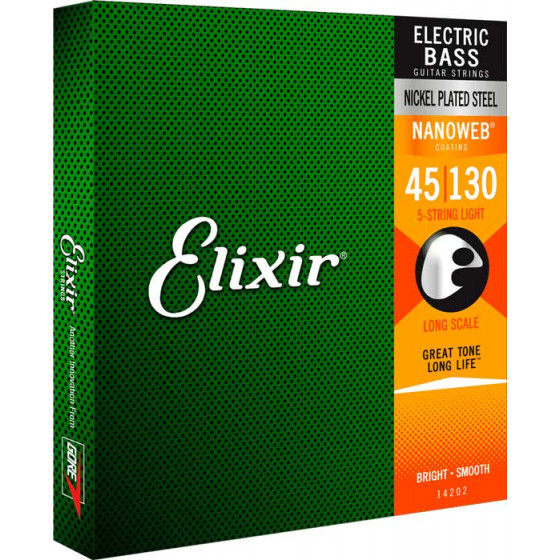 Cordes Basse 5 cordes Light/Medium 45/130 Acier nickelé Nanoweb Elixir