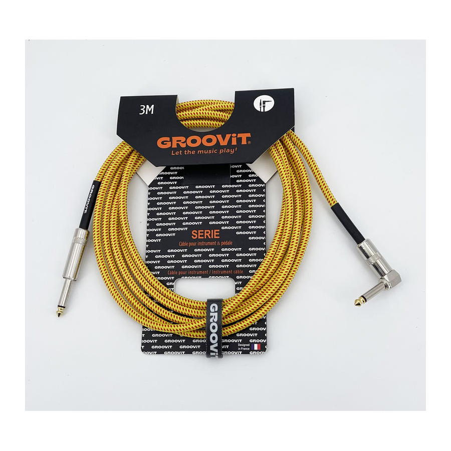 Cable Nylon Tressé HQ 24AWG jaune Blindé jack Droit-Coudé 3m Groovit Cable Nylon Tressé HQ 24AWG jaune Blindé jack Droit-Coudé 3m Groovit