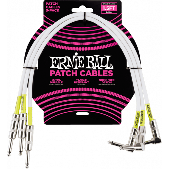 Mini cable Patch - pack de 3 - droit-coudé 46 cm blanc Ernie Ball