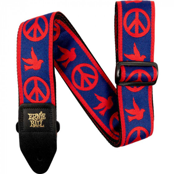 Sangle Jacquard Peace Love Dove bleu et rouge Ernie Ball