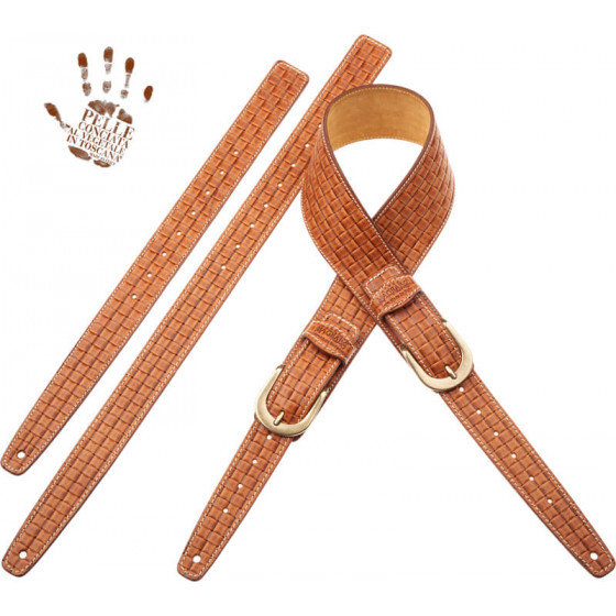 Sangle Twin Buckle TS cuir marron clair effet tissé  7cm Magrabo