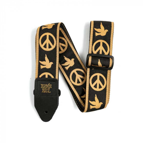Sangle Jacquard Peace Love Dove noir et or Ernie Ball
