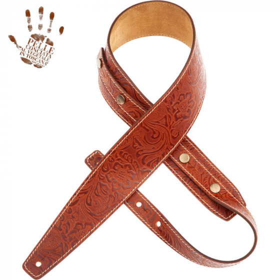 Sangle cuir boutons BS marron embossé floral 7cm Magrabo