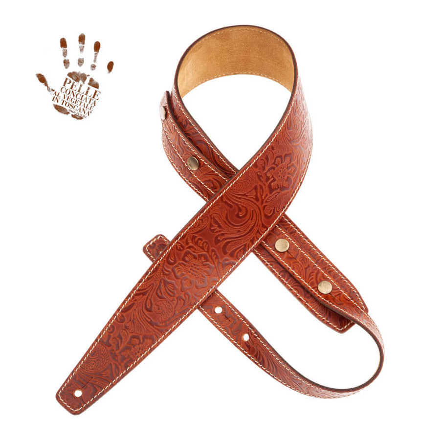 Sangle cuir boutons BS marron embossé floral 7cm Magrabo Sangle cuir boutons BS marron embossé floral 7cm Magrabo