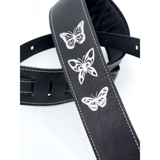 Sangle rembourrée cuir végane noir motif Papillon STEFY LINE SLST604L