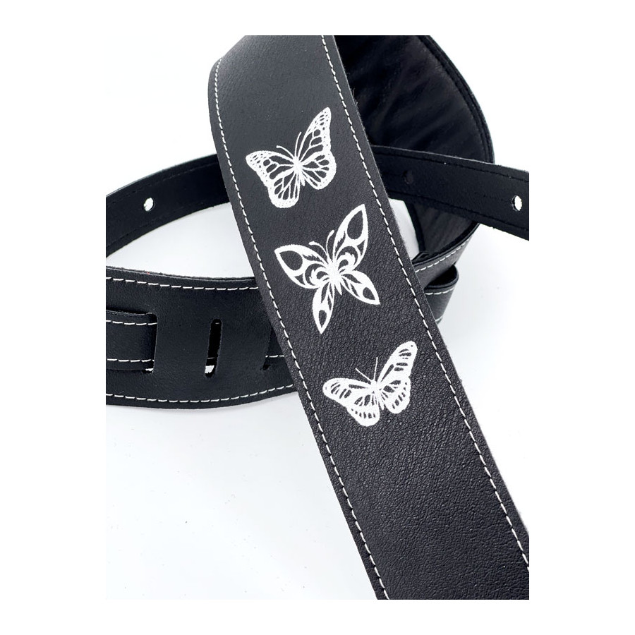 Sangle rembourrée cuir végane noir motif Papillon STEFY LINE SLST604L