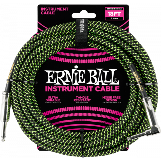 Cables instrument gaine tressée jacks Droit-Coudé 5,5m noir/vert 6082 Ernie Ball