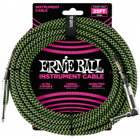 Cables instrument gaine tressée jacks Droit-Coudé 7,62m noir/vert 6066 Ernie Ball