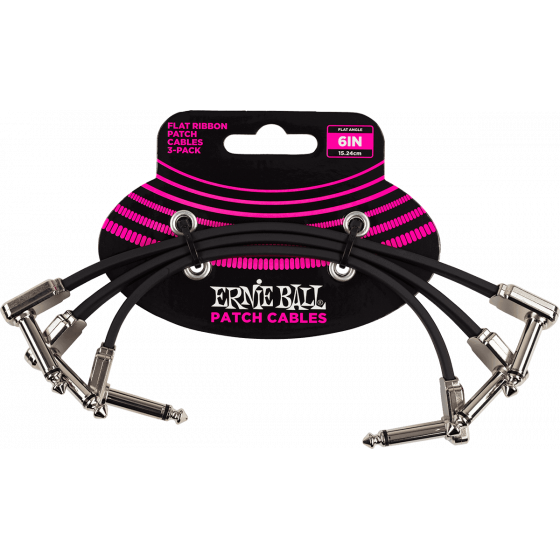 Cables patch - pack de 3 - coudé fin et plat 15 cm noir 6221 Ernie Ball