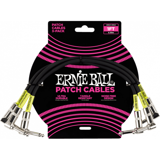 Cables patch - pack de 3 - coudé 30cm noir 6075 Ernie Ball