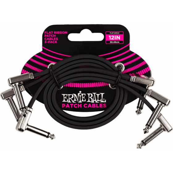 Cables patch - pack de 3 - coudé fin et plat 30 cm noir 6222 Ernie Ball