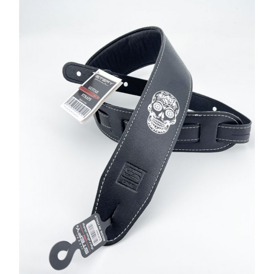 Sangle rembourrée cuir végane noir motif Tête de Mort STEFY LINE SLST604V