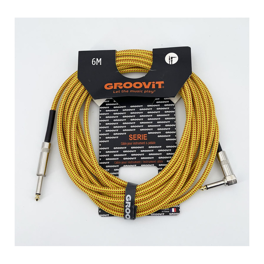 Cable Nylon Tressé HQ 24AWG jaune Blindé jack Droit-Coudé 6m Groovit Cable Nylon Tressé HQ 24AWG jaune Blindé jack Droit-Coudé 6m Groovit