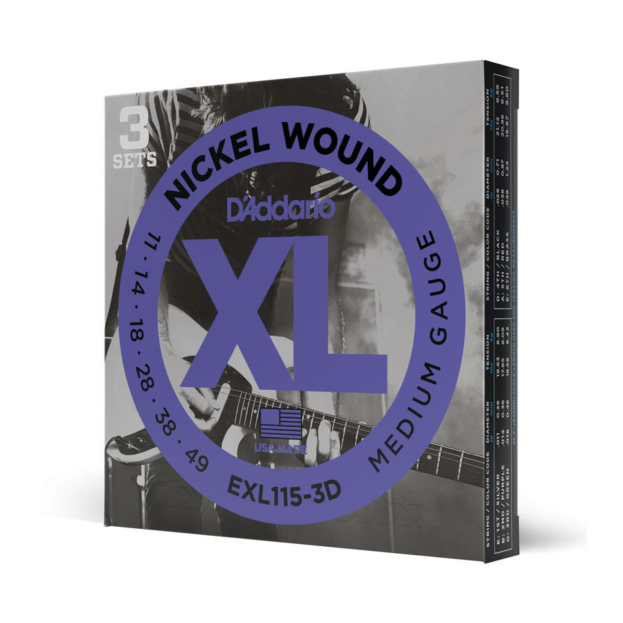Cordes guitare électrique 3 jeux EXL115 Medium/Blues-Jazz Rock11/49 nickel D'Addario Cordes guitare électrique 3 jeux EXL115 Medium/Blues-Jazz Rock11/49 nickel D'Addario