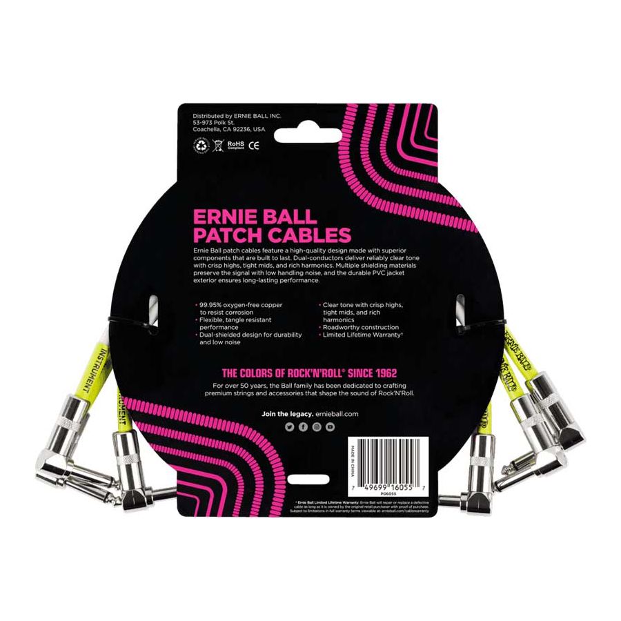 Mini cable Patch - pack de 3 - coudé 30 cm blanc Ernie Ball