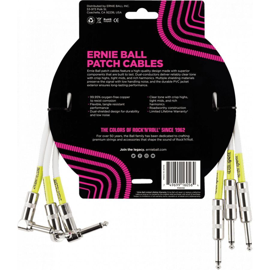 Mini cable Patch - pack de 3 - droit-coudé 46 cm blanc Ernie Ball