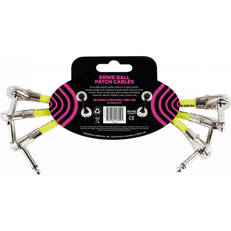 Mini cable Patch - pack de 3 - coudé fin 15 cm noir Ernie Ball