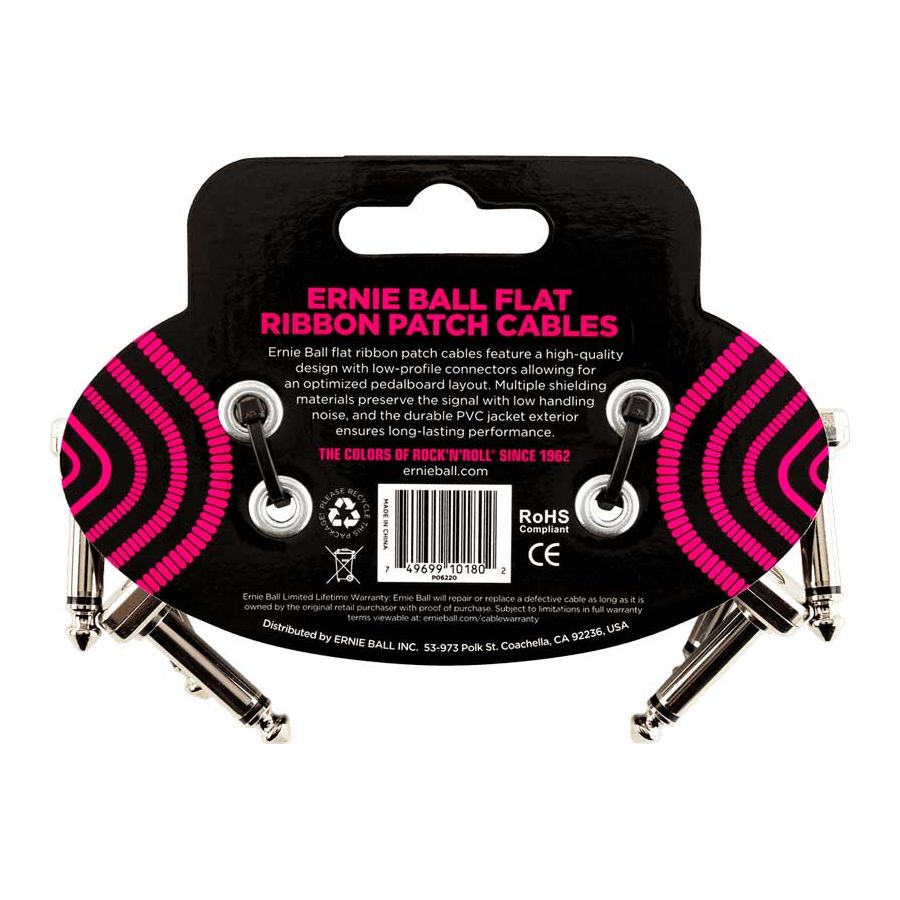 Mini cable Patch - pack de 3 - coudé fin et plat 7,5 cm noir Ernie Ball