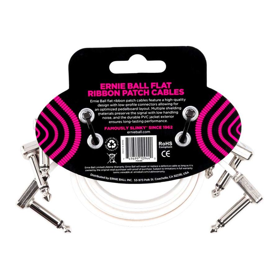 Mini cable Patch - pack de 3 - coudé fin et plat 30 cm blanc Ernie Ball